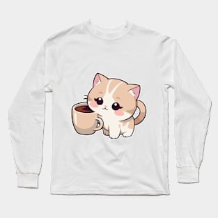 Cute Kitten with Coffee Long Sleeve T-Shirt